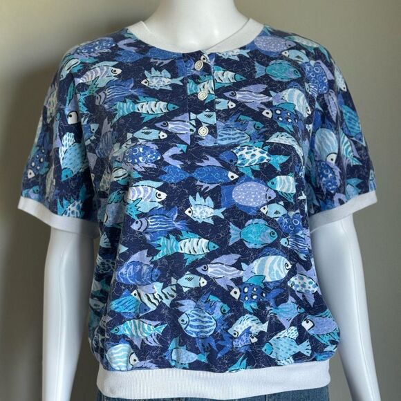 Vintage Fish Print Design Polo Style T-Shirt - Picture 3 of 8
